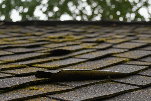 Moldy curled shingles as a sign of time for a roof replacement